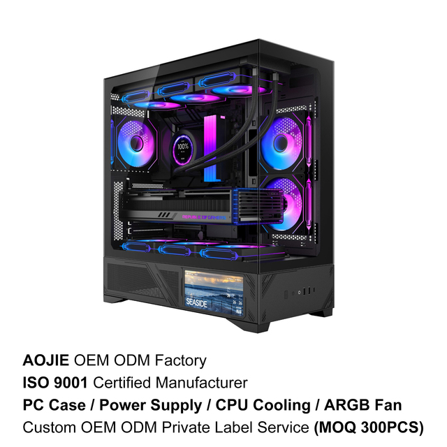 AOJIE Wholesale OEM Cpu Case Tempered Glass Atx Micro Mid Tower PC Chassis ARGB Gabinete Gaming Computer PC Case with LCD Screen