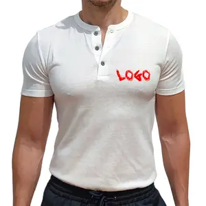 Camisa Henley branca de linho masculina de manga curta com ajuste muscular personalizado de venda direta da fábrica