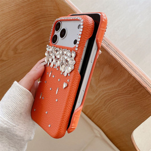 Custodia per telefono in pelle con motivo coccodrillo e diamanti arancioni per <span class=keywords><strong>iPhone</strong></span> 17 Air 16 15 14 13 Pro Max, <span class=keywords><strong>cover</strong></span> posteriore rigida con lente Bling DIY Drill - Product Image 6