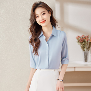 Women's Mid Sleeve White Chiffon Shirt Solid Color Office Wear Simple Style 2024 Fashion Elegant Blouse - Product Image 2