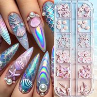 60 Breloques 3D Coquillages/Étoiles de mer/Queues de poisson/Conques/Arbres de coco pour Ongles, 12 compartiments, Adorables Accessoires d'Art Ongulaire Thème Océan Plage d'été en Résine