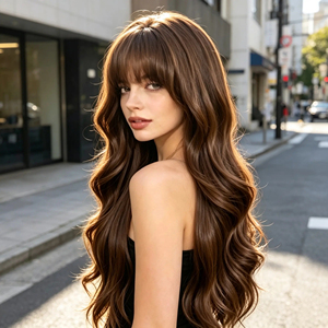 Pelucas Hechas a Máquina, <span class=keywords><strong>Peluca</strong></span> Larga Ondulada Marrón Cálido para Mujer, con Ondas Grandes, Cabello Artificial, Estilo de Cabeza Completa - Product Image 5