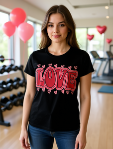 T-shirt da donna nera con stampa grafica 'Love', girocollo, manica corta, casual, per San Valentino, da palestra, in tessuto jersey, stampa in plastisol - Product Image 2