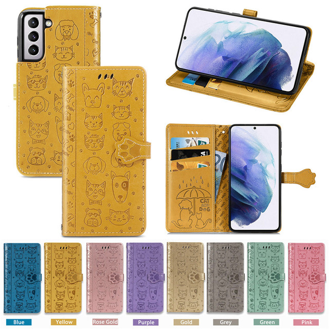 Cute Cat Dog PU Leather Phone Case for Samsung Galaxy S24 Ultra S23 Plus S22 S21 FE S20 S10 Lite S10e S8 S9 Plus Note 10 Note 20