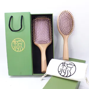 Rectangular Round Massager Comb Long Hairwood Combs Pink Rubber Natural Beech Wood Air Cushion Massage Brush Comb