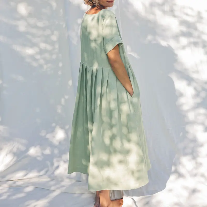Individuelle freie Größe hohe Qualität solide kurze Ärmel quadratischer Kragen lockeres Maxi-Langes Sommer-Leinen Baumwoll-Damenkleid mit Taschen