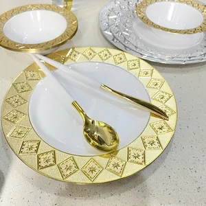 9 inç düğün tek kullanımlık tabak çanak dekore parti plastik yemek tabağı beyaz altın jant özel kabartmalı plaka