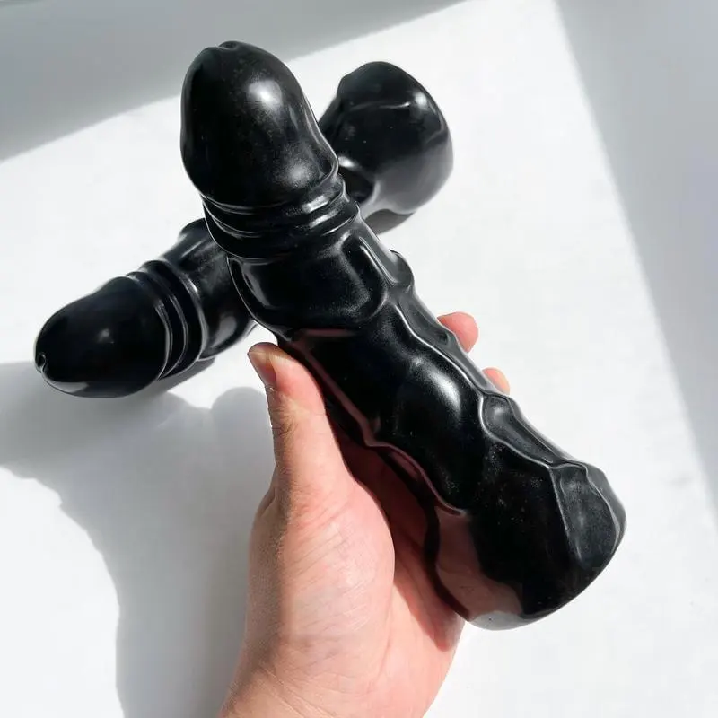 Naturgroßer Kristall-Dildo schwarzer Obsidian-Penis geschnitzt Kristall Yoni-Massageständer Edelstein-Stift Wurzel-Chakra-Heilung