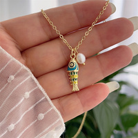 Collier pendentif combiné en perles d'eau douce plaqué or 18 carats et zircon coloré, motif poisson marin, luxe vintage, vente en gros