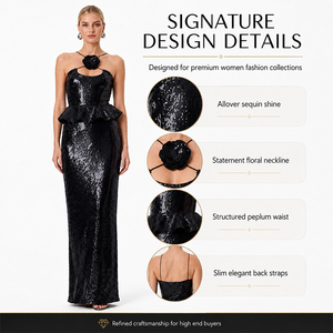 Vestido de Noche Formal Negro de <span class=keywords><strong>Lentejuelas</strong></span> para <span class=keywords><strong>Mujer</strong></span>, Diseño Personalizado, Cuello Halter de Lujo, Detalle de Flores, Cintura con Peplum, Largo hasta el Suelo - Product Image 3