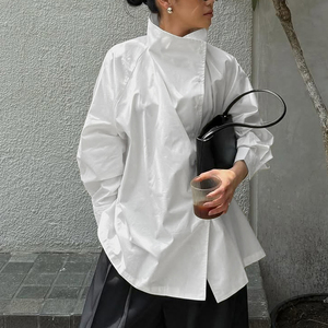 Chemisiers et Blouses Décontractées Chic en Coton Blanc à Col Montant et Manches Longues Coupe Oversize pour Femmes – Collection Été 2026 – Tendances Élégantes - Product Image 1