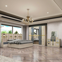 Ensemble de chambre à coucher moderne et luxueuse avec lit en tissu blanc et six armoires meubles en bois personnalisables pour hôtel, maison ou villa