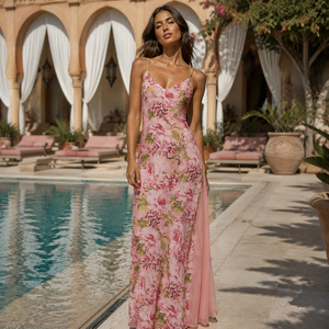 Vestido Maxi Estilo Sirena con Estampado Floral Romántico y Elegante, Estilo Pintura al Óleo Vintage, con Abertura y Cintura Definida, Ideal para Vacaciones - Product Image 3
