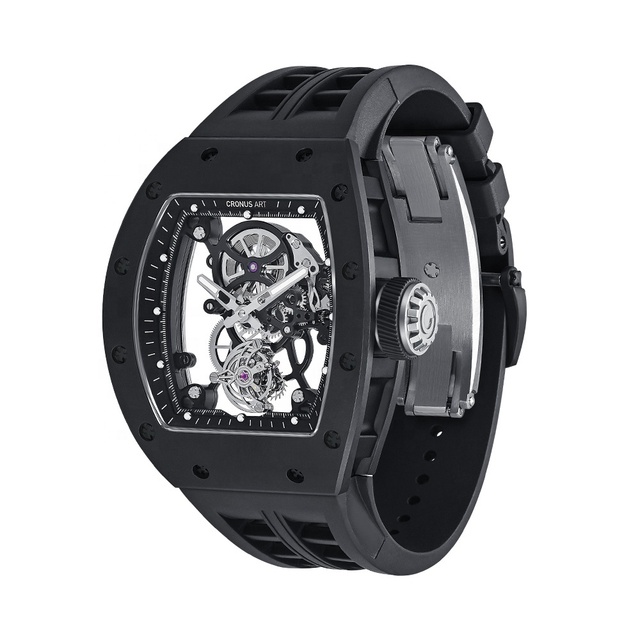 Limited Edition CRONUSART Custom Tourbillon Mechanical Watch Ceramic Case with Luminescent Hands Black Rubber Strap