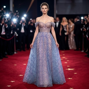 Robe de <span class=keywords><strong>soir</strong></span>ée et de bal coupe trapèze, design personnalisé, violet lavande, brodée, à épaules dénudées, avec corset froncé en maille nude - Product Image 1