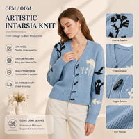 Cardigan en tricot floral à séchage rapide pour femme, col en V, manches longues, bleu clair, boutonné sur le devant, style décontracté printemps, vente en gros