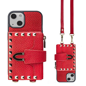 Étui de téléphone de luxe en cuir véritable/cuir PU, anti-rayures, antichoc, avec sangle détachable, bandoulière, fermeture éclair, pour <span class=keywords><strong>iPhone</strong></span> 13/13 Pro Max - Product Image 1