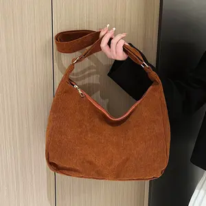 Hot Sell 2023 Canvas Velvet Tote Embroidered Shopping Shoulder Bag Custom Corduroy Bag For Women