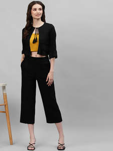 Chaqueta tipo bolero de rayón liso para mujer con volantes Dori, manga 3/4, cuello redondo, top informal - Product Image 4