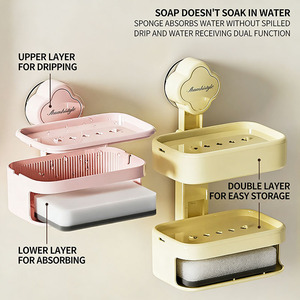 <span class=keywords><strong>Porte</strong></span>-<span class=keywords><strong>savon</strong></span> mural à ventouse avec égouttoir et support pour éponge, sans perçage, pour murs de salle de bain - Product Image 5