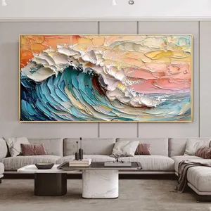 Peinture acrylique sur toile abstraite moderne de taille personnalisée, beige naturel, blanc, <span class=keywords><strong>bleu</strong></span>, vagues océaniques, décoration murale pour la maison, salon - Product Image 3