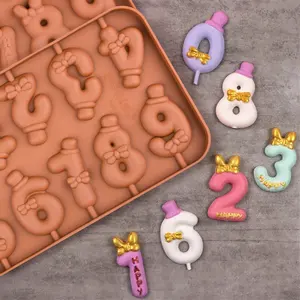 Zahlen 0-9 Lutscher form Silikon Hart bonbon formen Cartoon Bowknot Topper Käses tab form für Geburtstags torte Dekoration