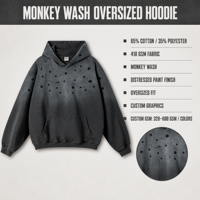 Vente en gros de sweats à capuche oversize délavés 410GSM en coton et polyester, effet peinture pulvérisée Monkey Wash, graphisme personnalisé, streetwear