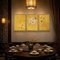 Décoration Murale Luxe Style Japonais Oiseau et Lune, Cadre en Aluminium Doré Mat, 3 Pièces pour Villa, Hôtel, Suite, Boutique, Maison, Appartement