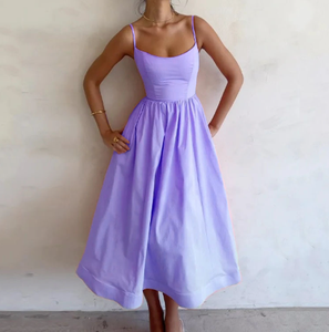 2025夏季休闲女式时尚粉色细肩带连衣裙女优雅纯色无袖A字中长连衣裙长袍背心裙 - Product Image 3