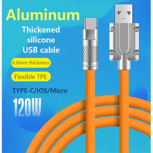 2024 120W siêu nhanh phí dày cáp USB cho iPhone USB-C Type-C OD 6.0mm hợp kim nhôm kim loại trường hợp mềm Silicone Cáp