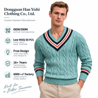 Pull en laine mohair vert menthe personnalisé pour homme, col en V, bordure rayée, manches longues, style preppy décontracté