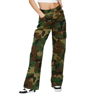 Grosir disesuaikan wanita Streetwear Slim Fit pinggang rendah kamuflase Celana Jogger wanita Multi saku Camo cetak celana kargo