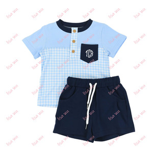 Completi coordinati per fratelli e sorelle, abiti con monogramma e maniche a tazza per ragazze, set di pantaloncini in <span class=keywords><strong>maglia</strong></span> a quadretti blu, set di abbigliamento per bambini - Product Image 2
