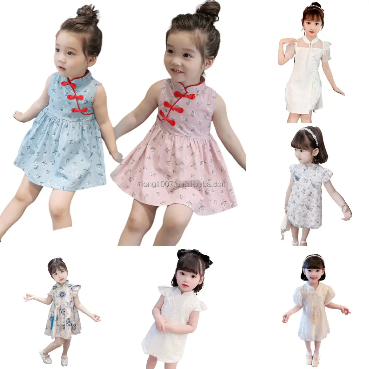 Summer Dress Girls Children's Cheongsam Princess Dress Little Girl Ancient Style Hanfu Dress Plaid Pattern Kids Clothes 2-12y