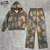 Ensemble deux pièces YOUMI hiver personnalisé avec appliques brodées, respirant, délavé à l'acide, effet soleil, en molleton bouclette avec fermeture éclair