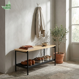 Banco de Entrada Contemporáneo de Bambú y Metal, Estante Multiusos para Almacenamiento de Zapatos con Asiento de Bambú, Conveniente para la Sala de Estar - Product Image 4