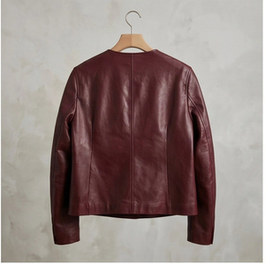 <strong>Women</strong> Coat Wine Red Crew Collar Gold Buttons Multi Split Pockets <strong>Petite</strong> Short Commuter <strong>Leather</strong> <strong>Jacket</strong> - Product Image 3