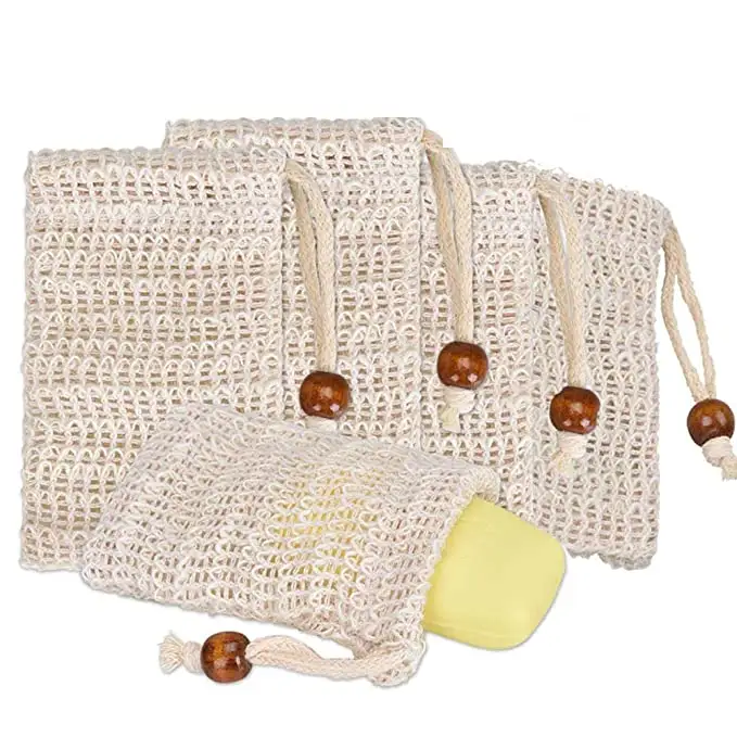 Siicoo saco para guardar sabão, sacola de sisal de malha orgânica com cordão de cor natural
