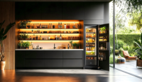 Vitrine à vin moderne en verre sur mesure avec panneaux décoratifs, meuble de présentation et de rangement écologique pour la maison