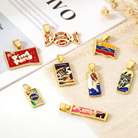 HD0574 Koleksi Liontin Enamel Lucu Laris Manis, Berlapis Emas 18K, Bahan Kuningan, Bentuk Bendera dan Botol Permen untuk Pembuatan Perhiasan DIY