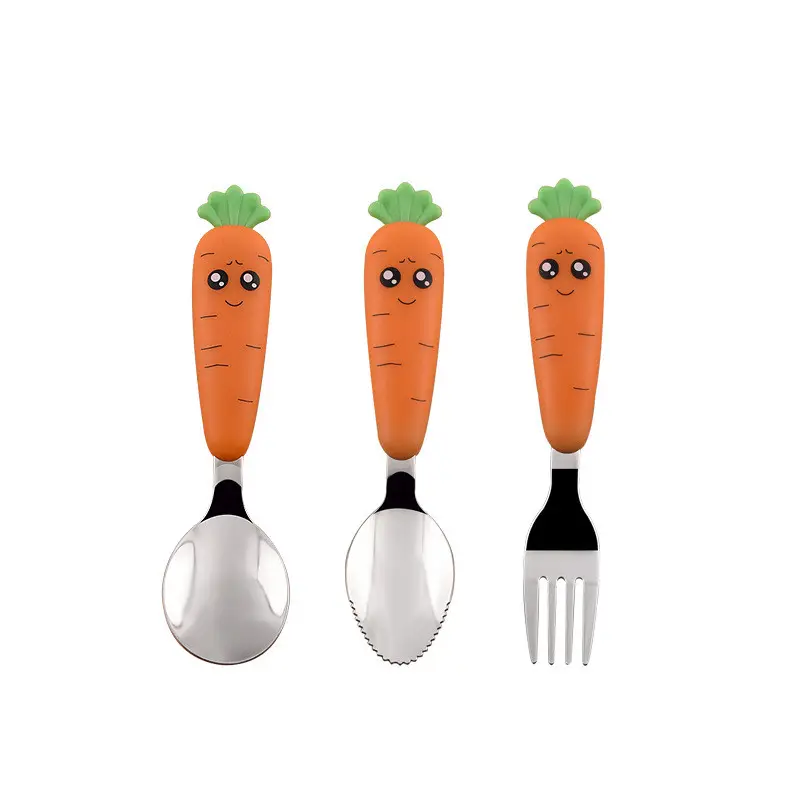 Super lindo niños cuchara tenedor Spork comestible lindo diseño de zanahoria mesa de plata niños acero inoxidable 304 tenedor cuchillo cuchara conjunto