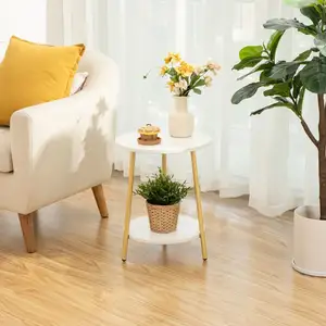 Mesas laterales redondas de oro blanco al por mayor, lámpara de extremo de madera de estilo moderno, mesas de aperitivos acentuadas con marco de metal para sala de estar