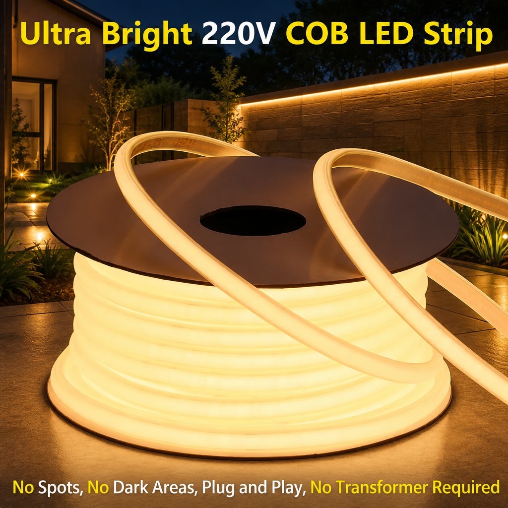 LED Strip Light 220V High Voltage IP67 Waterproof COB Strip Flexible Plug-and-Play Remote Control Dimmable Warm White Outdoor · image 1