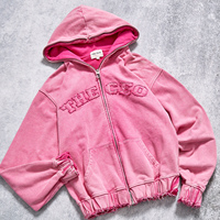 Produsen Pakaian Wanita Custom Vintage Acid Wash Cotton Cropped Zip Hoodie Sweatpants Set 2 Potong Tracksuit Musim Dingin