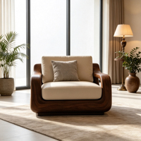 Fauteuil d'appoint en bois massif courbé Art Hollow, revêtement en cuir beige, fauteuil individuel pour villa, salon, mobilier de maison