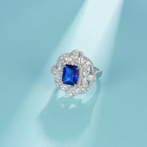 925 Sterling <b>Silver</b> Lab-Created Sapphire <b>Ring</b>, <b>Emerald</b> Cut with Floral Halo Statement <b>Ring</b> - Product Image 2