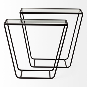 Juego <span class=keywords><strong>de</strong></span> 2 Mesas Auxiliares Modernas Minimalistas <span class=keywords><strong>de</strong></span> Metal y Vidrio, Color Negro Mate, Tamaño y Color Personalizables para el Hogar, Hotel, Mercana' - Product Image 4