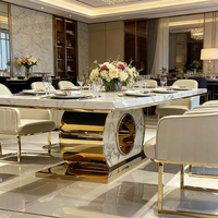 Ensemble de table à manger d'hôtel moderne de luxe chromé or, 6 places, plateau en marbre, structure en acier inoxydable, meubles de salle à manger