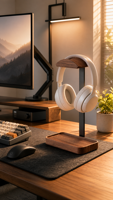 Support pour casque en bois massif, base en alliage d'aluminium, support pour casque de jeu en noyer noir pour bureau, organisateur de table