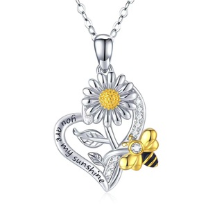 Collier en argent sterling S925 avec pendentif tournesol, cœur et <span class=keywords><strong>abeille</strong></span> pour femme, petit MOQ, vente en gros SPJ, cadeau « Tu es mon rayon de soleil » - Product Image 1